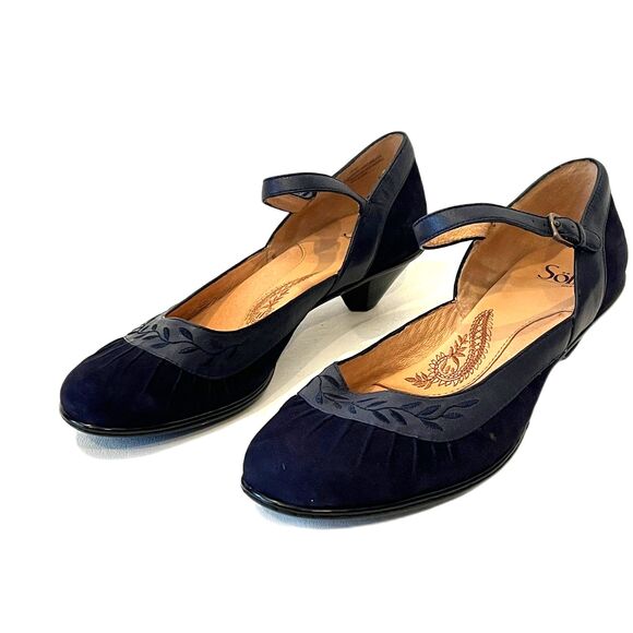 Sofft Navy Blue Suede Mary Janes Size 10 Leather Small Heel Ankle Strap - Picture 2 of 10